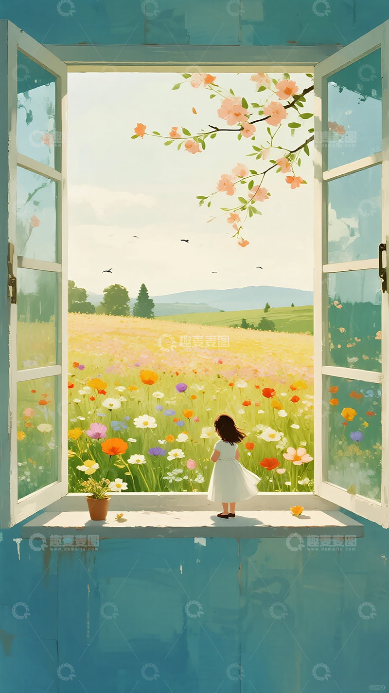 高清大图下载【趣麦麦图】窗外花海小女孩插画