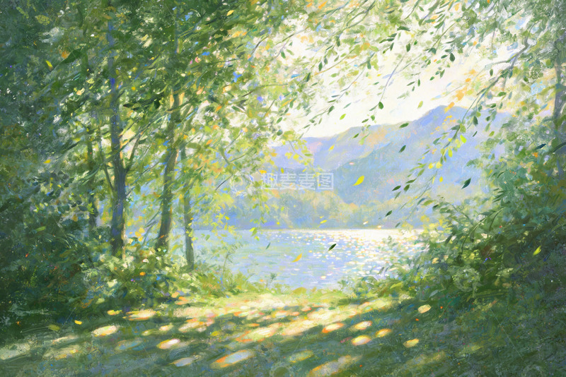 高清大图下载【趣麦麦图】油画风格林间湖泊景色