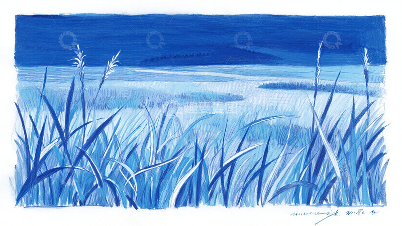 高清大图下载【趣麦麦图】蓝色调草地风景画