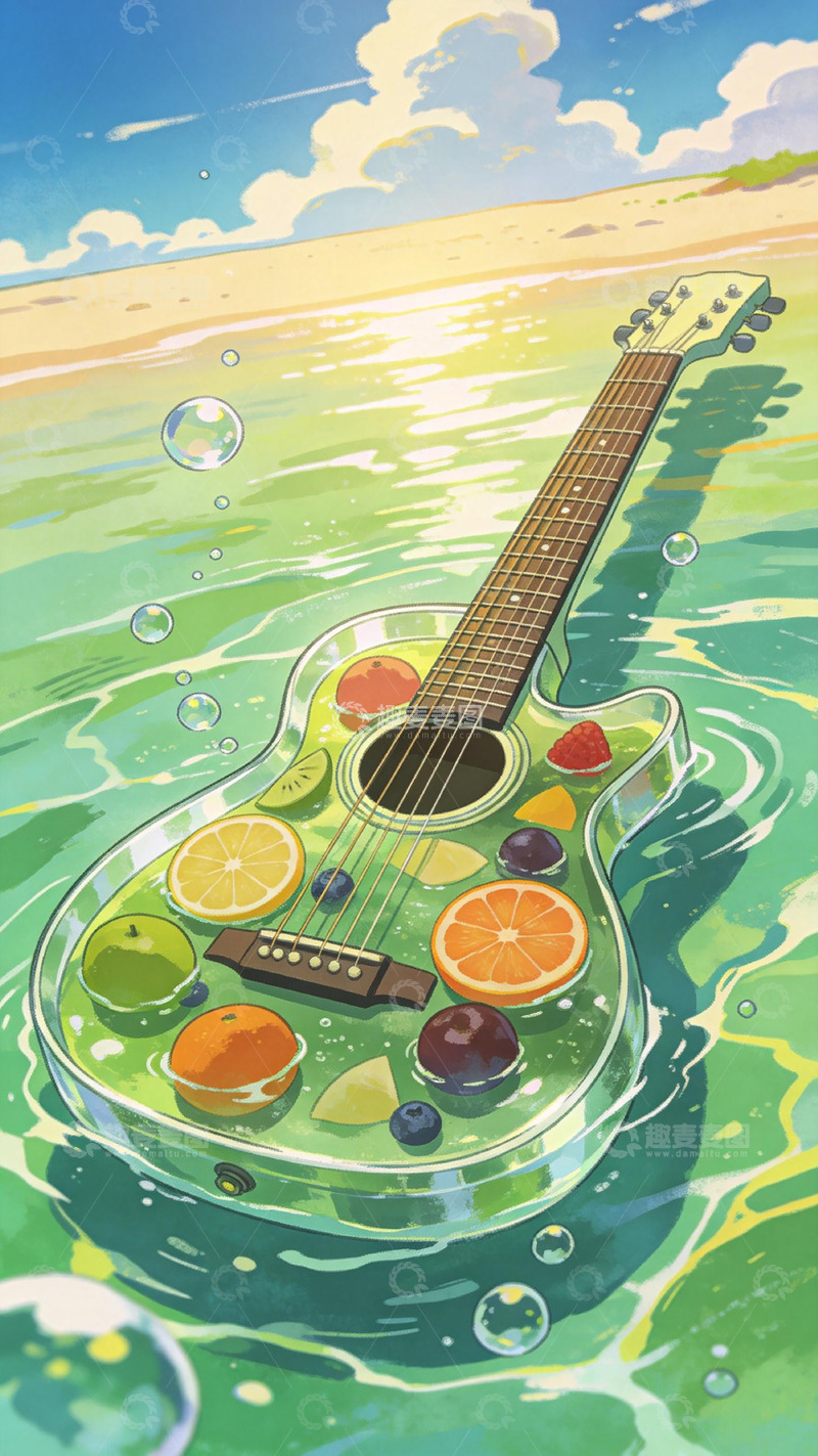 高清大图下载【趣麦麦图】吉他水果水彩画