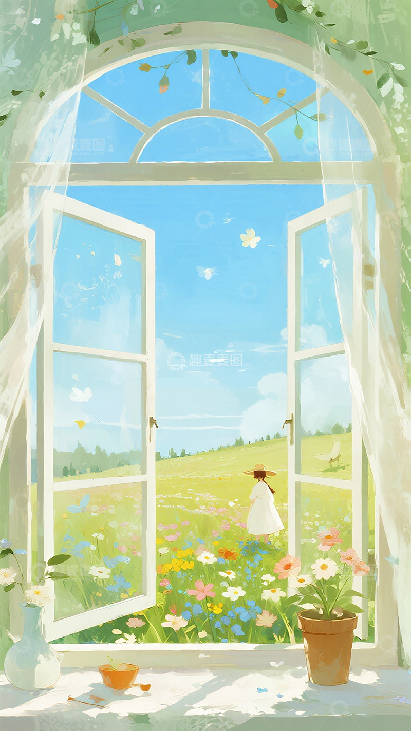 高清大图下载【趣麦麦图】田园风窗景插画设计素材