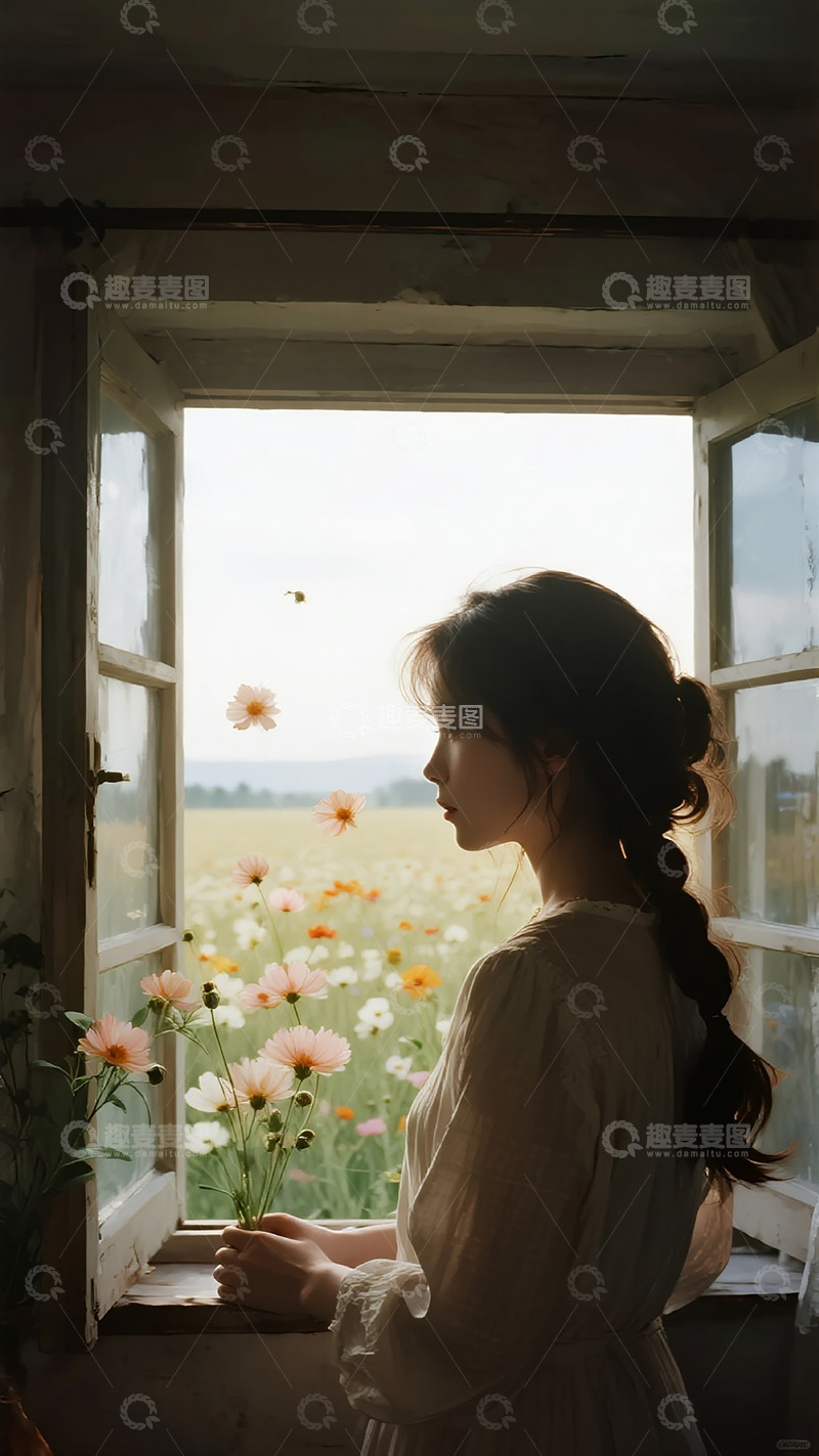 高清大图下载【趣麦麦图】田园风窗前少女赏景图