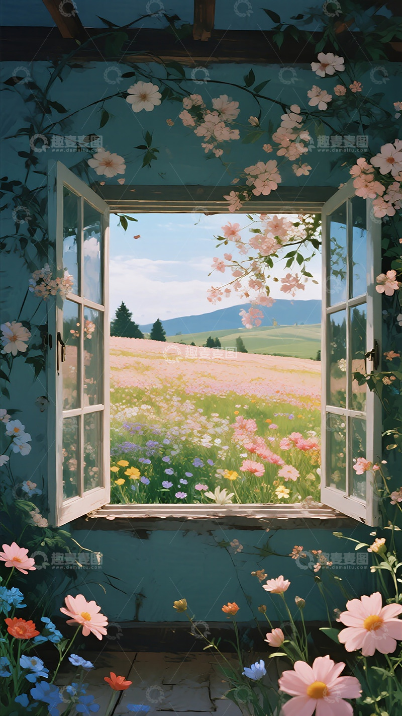 高清大图下载【趣麦麦图】田园窗景花墙插画