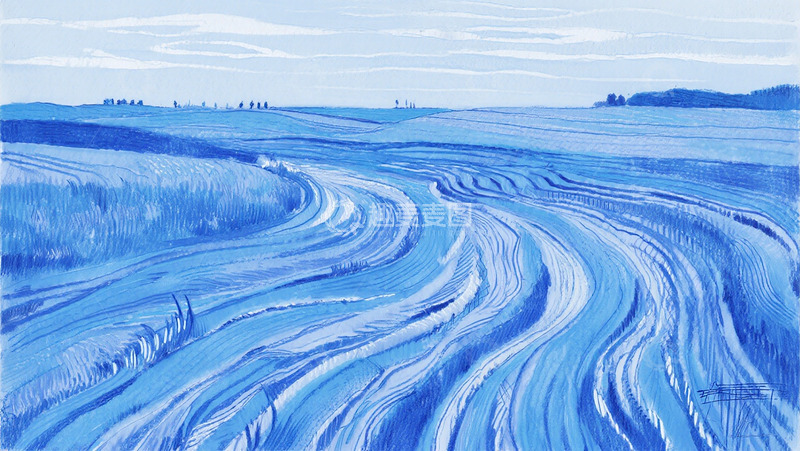 高清大图下载【趣麦麦图】蓝色田园风光水彩画