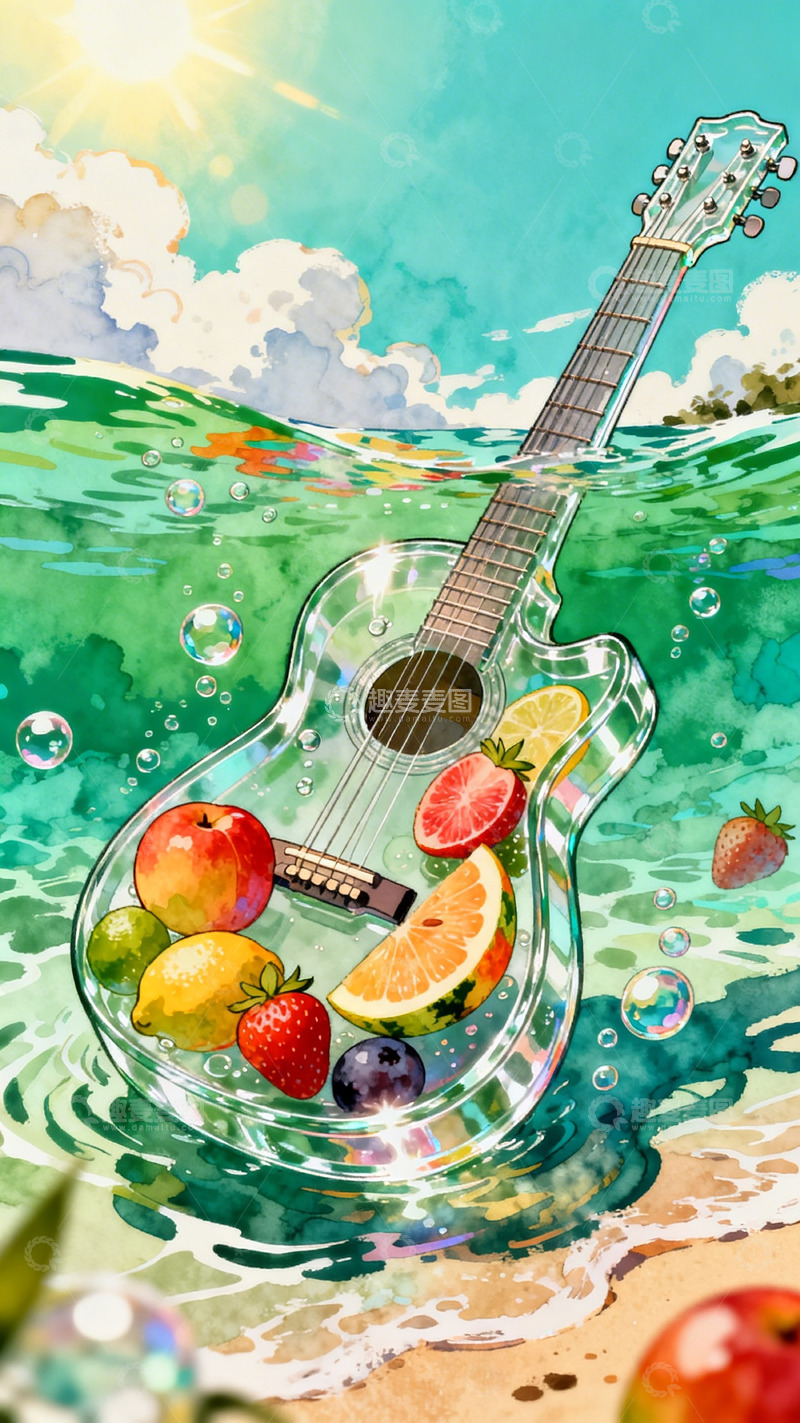 高清大图下载【趣麦麦图】吉他与水果水彩画