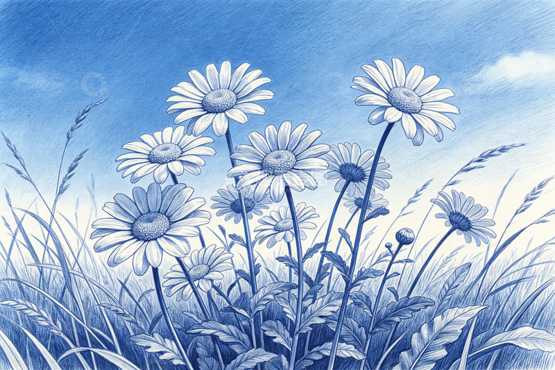 高清大图下载【趣麦麦图】蓝调雏菊田野水彩画