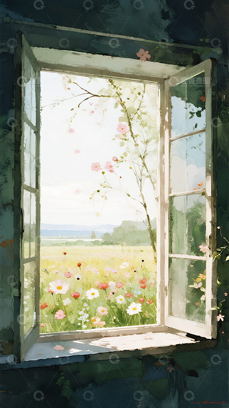 高清大图下载【趣麦麦图】田园风光窗景水彩画