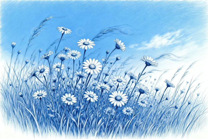 高清大图下载【趣麦麦图】蓝色调雏菊草地插画
