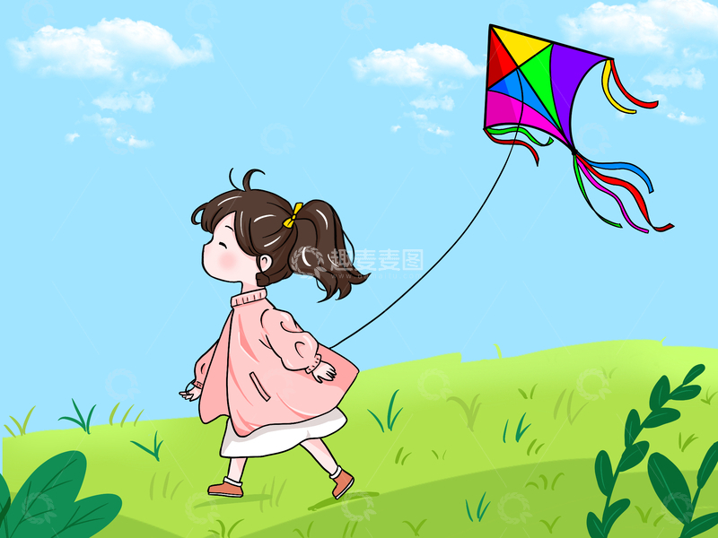 源文件下载【趣麦麦图】春天，放风筝的小女孩，卡通人物