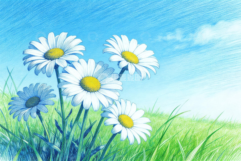 高清大图下载【趣麦麦图】水彩雏菊蓝天草地插画