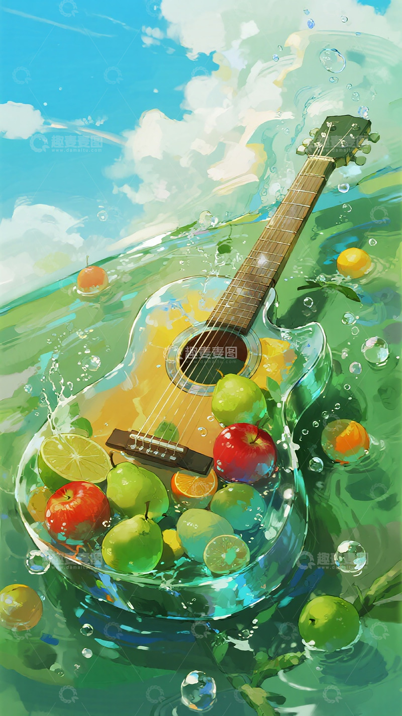 高清大图下载【趣麦麦图】吉他水果水彩画