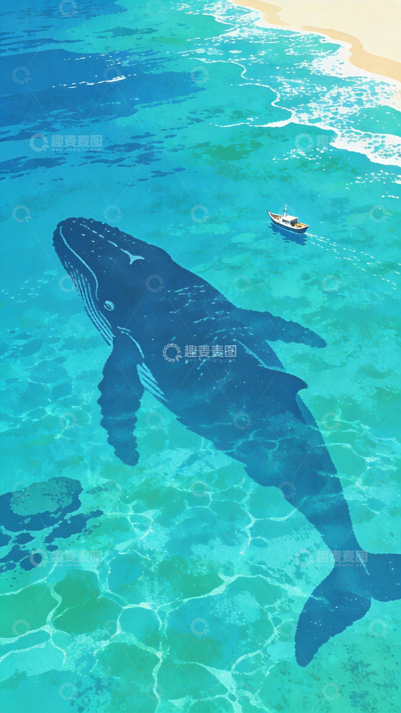 高清大图下载【趣麦麦图】海洋巨兽与船只插画