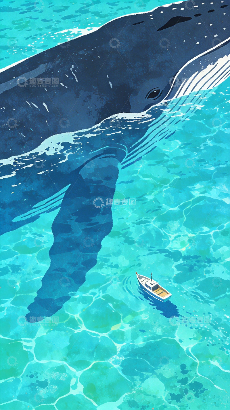 高清大图下载【趣麦麦图】海洋巨兽小船插画