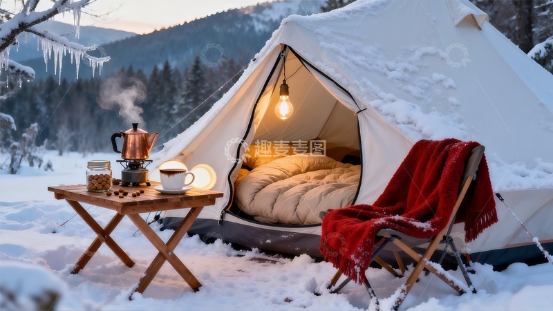 高清大图下载【趣麦麦图】雪地露营冬日美景自然风光摄影广告