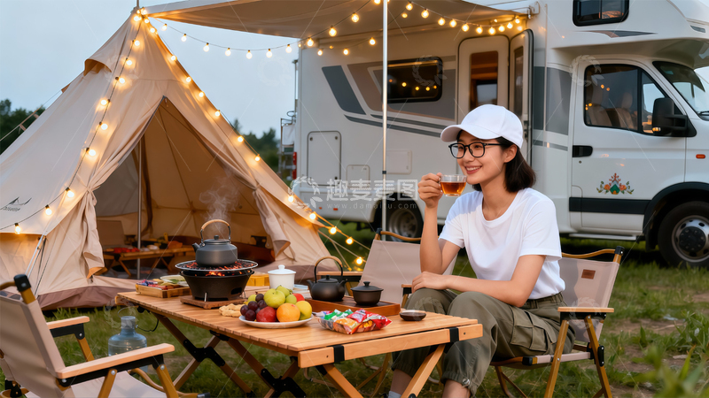 高清大图下载【趣麦麦图】露营车旁休闲用餐