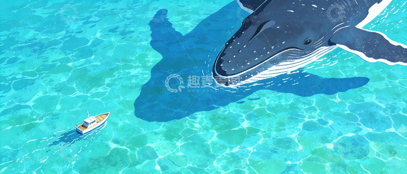 高清大图下载【趣麦麦图】海洋巨兽与小船插画