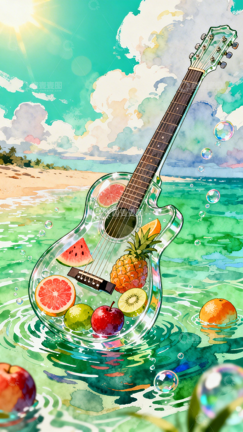 高清大图下载【趣麦麦图】吉他水果水彩画素材