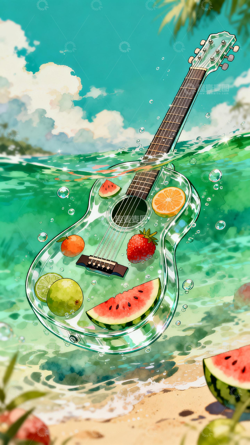 高清大图下载【趣麦麦图】夏日海滩吉他水果插画