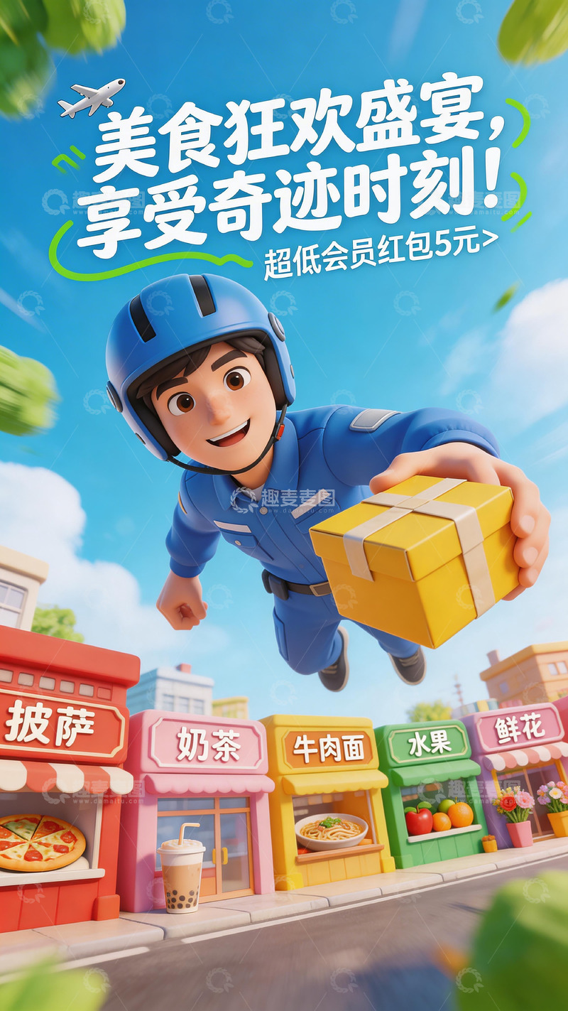 高清大图下载【趣麦麦图】外卖员飞奔美食街宣传图