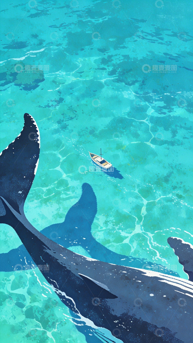 高清大图下载【趣麦麦图】海洋巨兽与船只插画素材