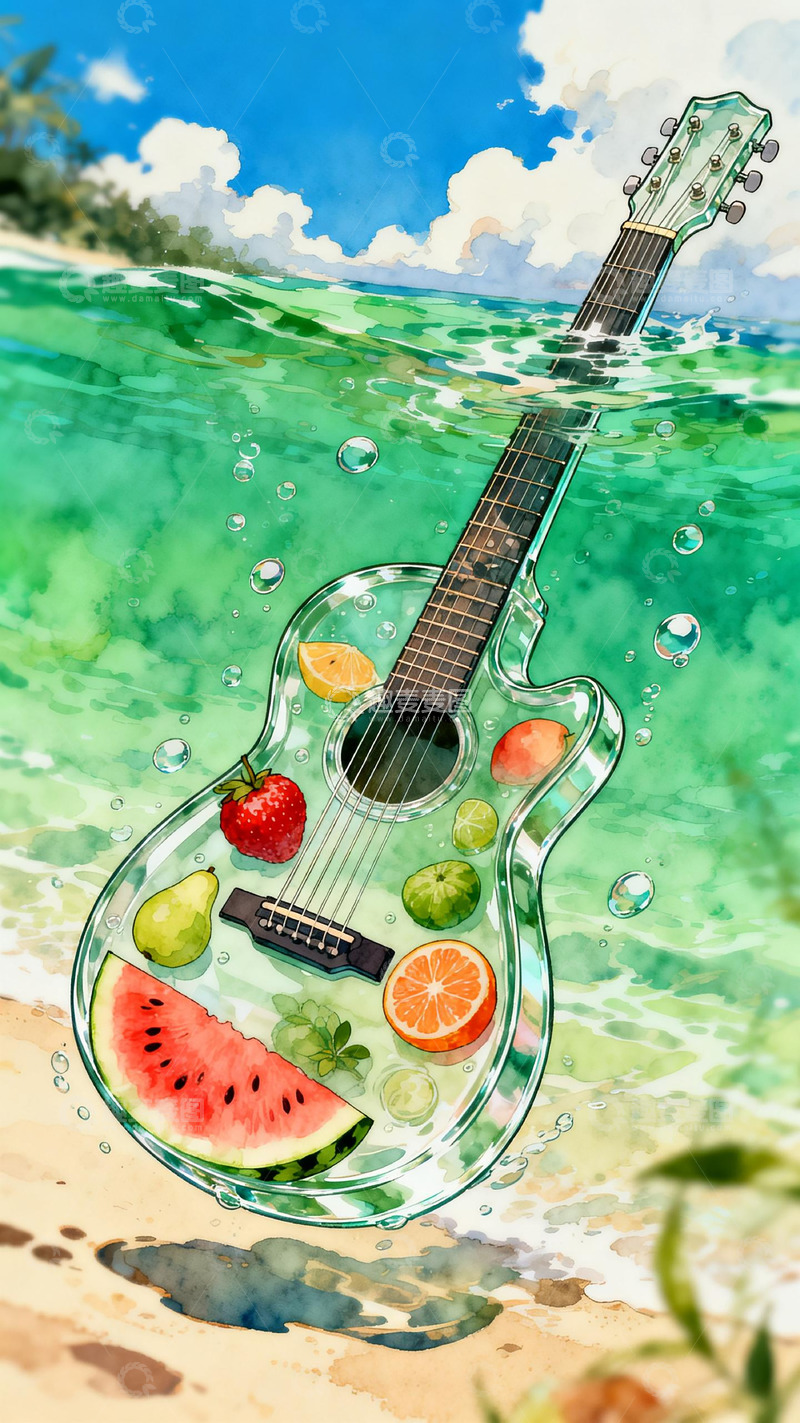 高清大图下载【趣麦麦图】吉他水果海滩水彩画