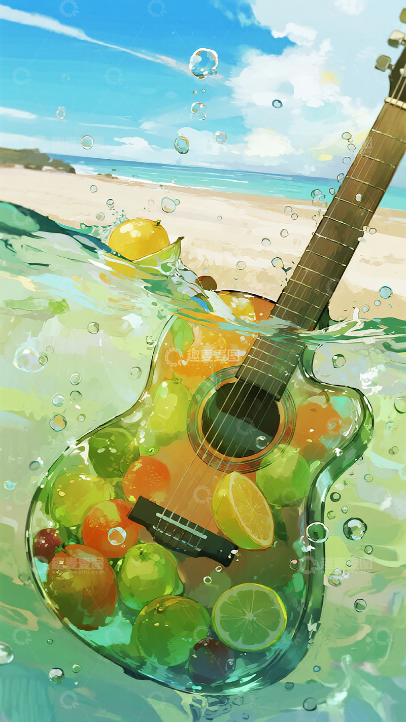 高清大图下载【趣麦麦图】吉他水果海滩水彩画
