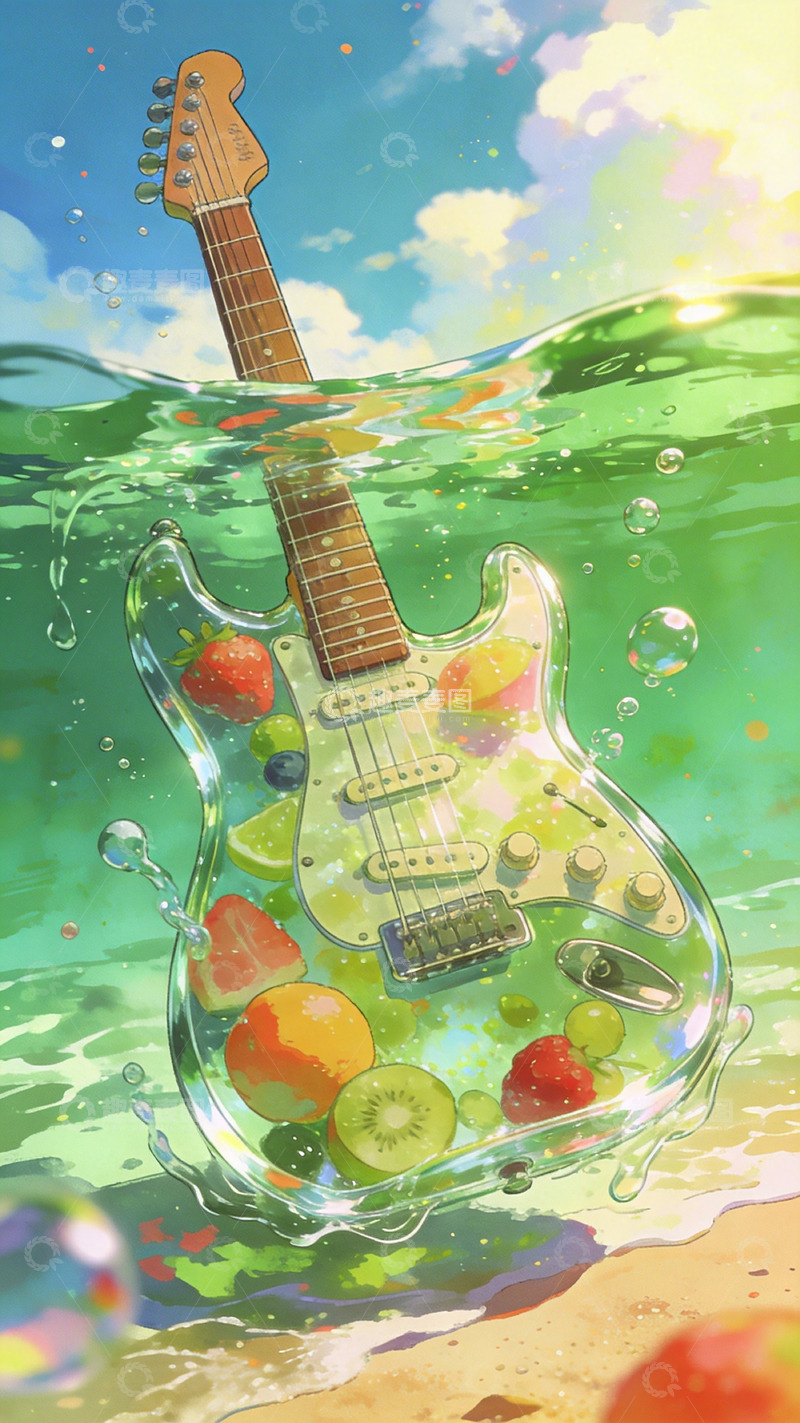 高清大图下载【趣麦麦图】吉他水果融合插画