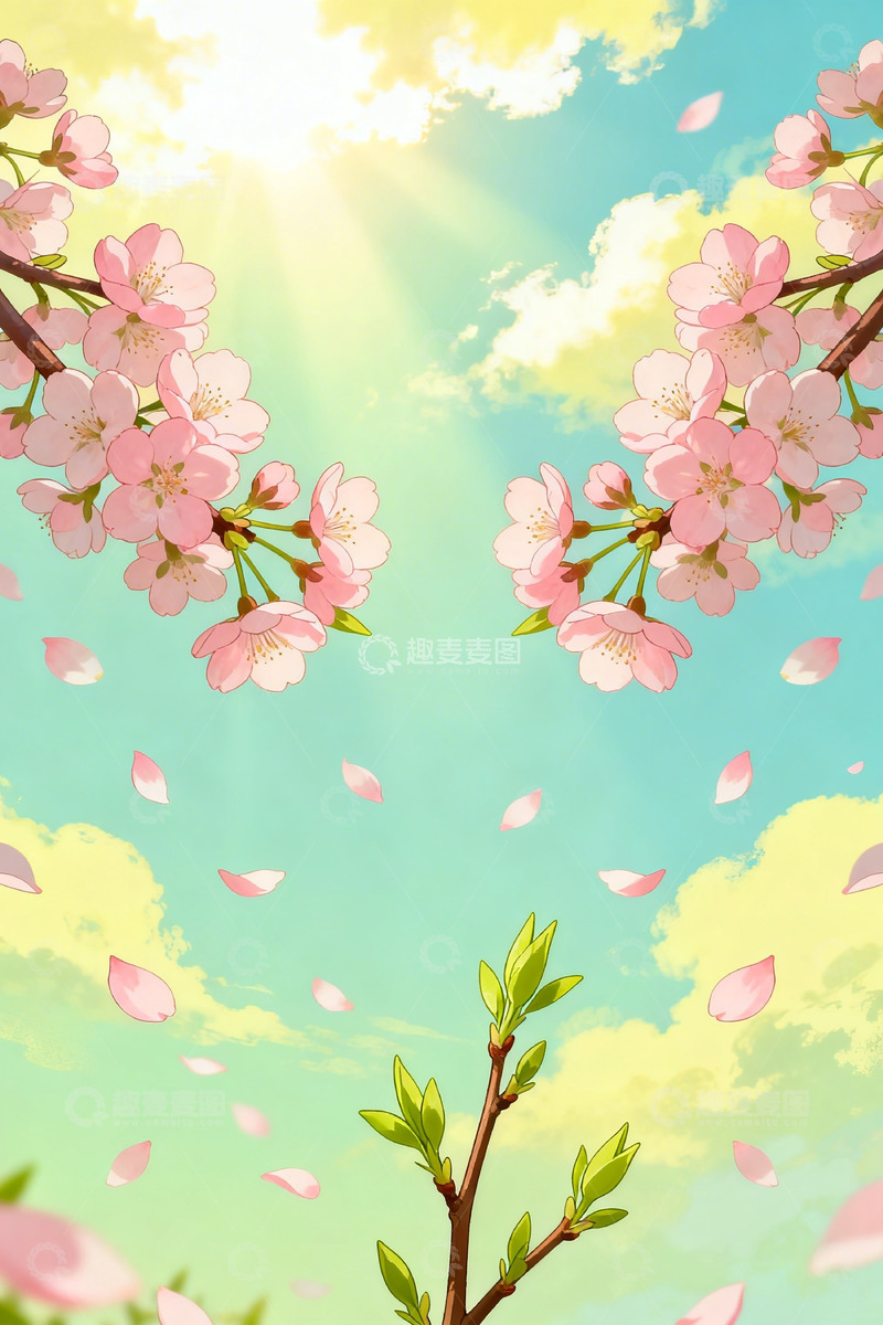 高清大图下载【趣麦麦图】樱花盛开春日风景插画素材
