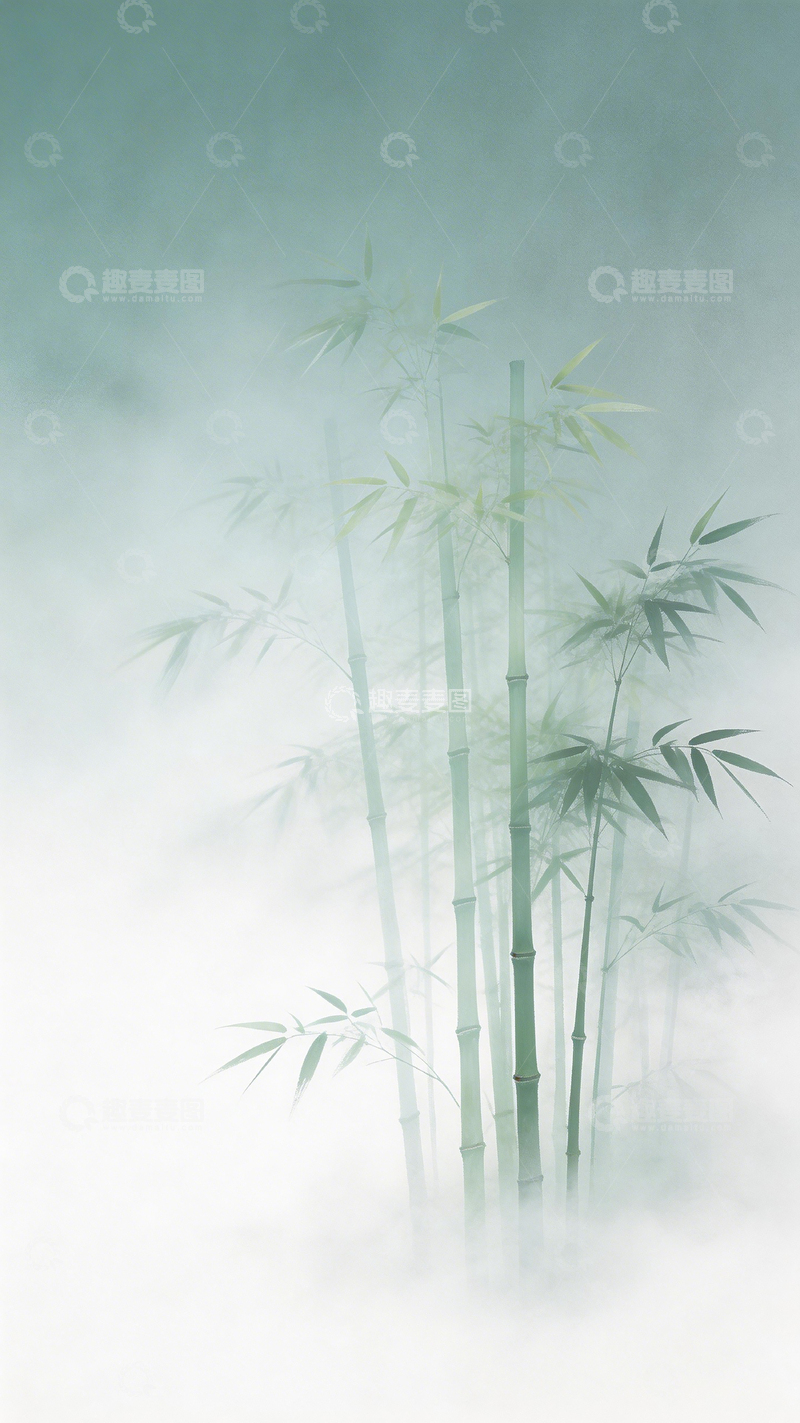 高清大图下载【趣麦麦图】竹韵雾霭水墨画