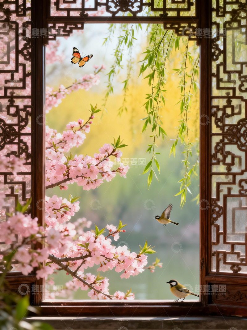 高清大图下载【趣麦麦图】古风窗景花鸟图