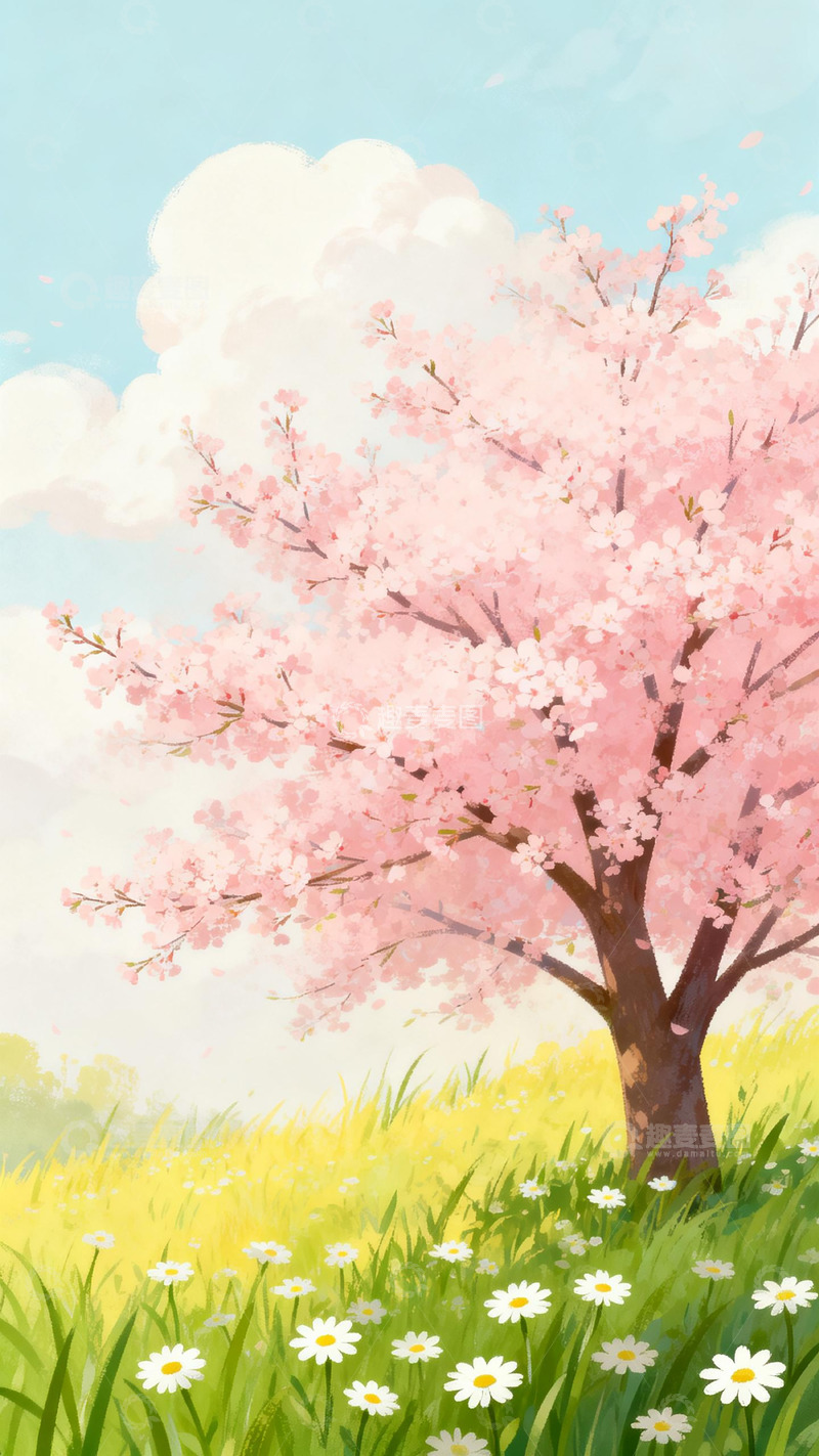 高清大图下载【趣麦麦图】樱花盛开春日风景插画