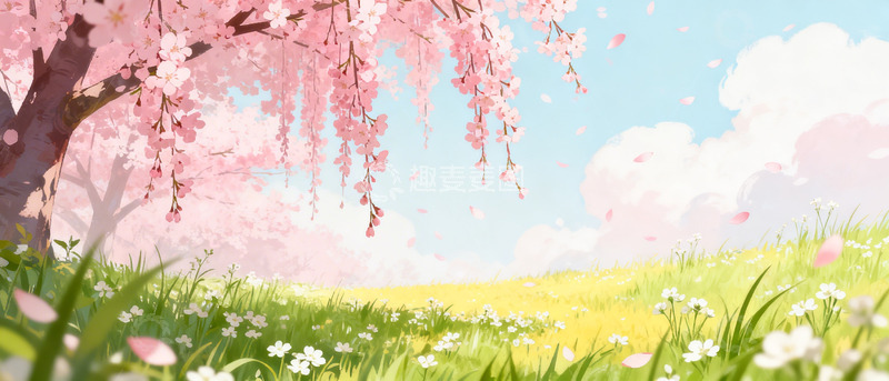 高清大图下载【趣麦麦图】春日樱花草地风景插画