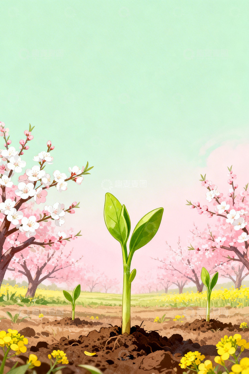 高清大图下载【趣麦麦图】春日新苗花开美景插画