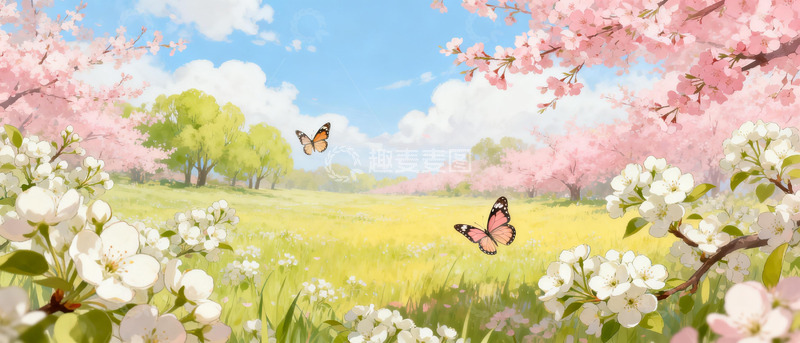 高清大图下载【趣麦麦图】春日樱花蝴蝶风景插画
