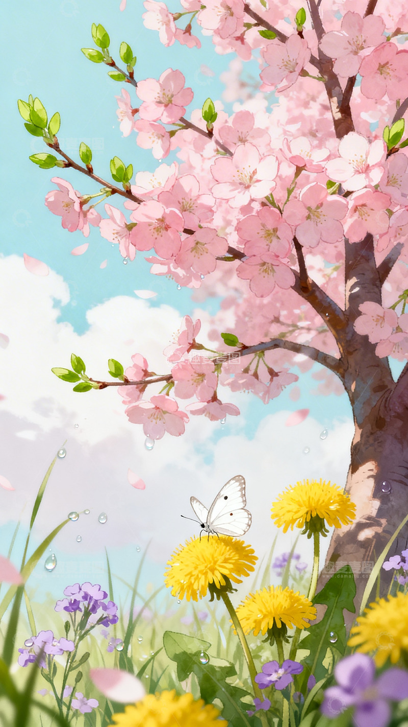 高清大图下载【趣麦麦图】樱花盛开春日风景插画素材