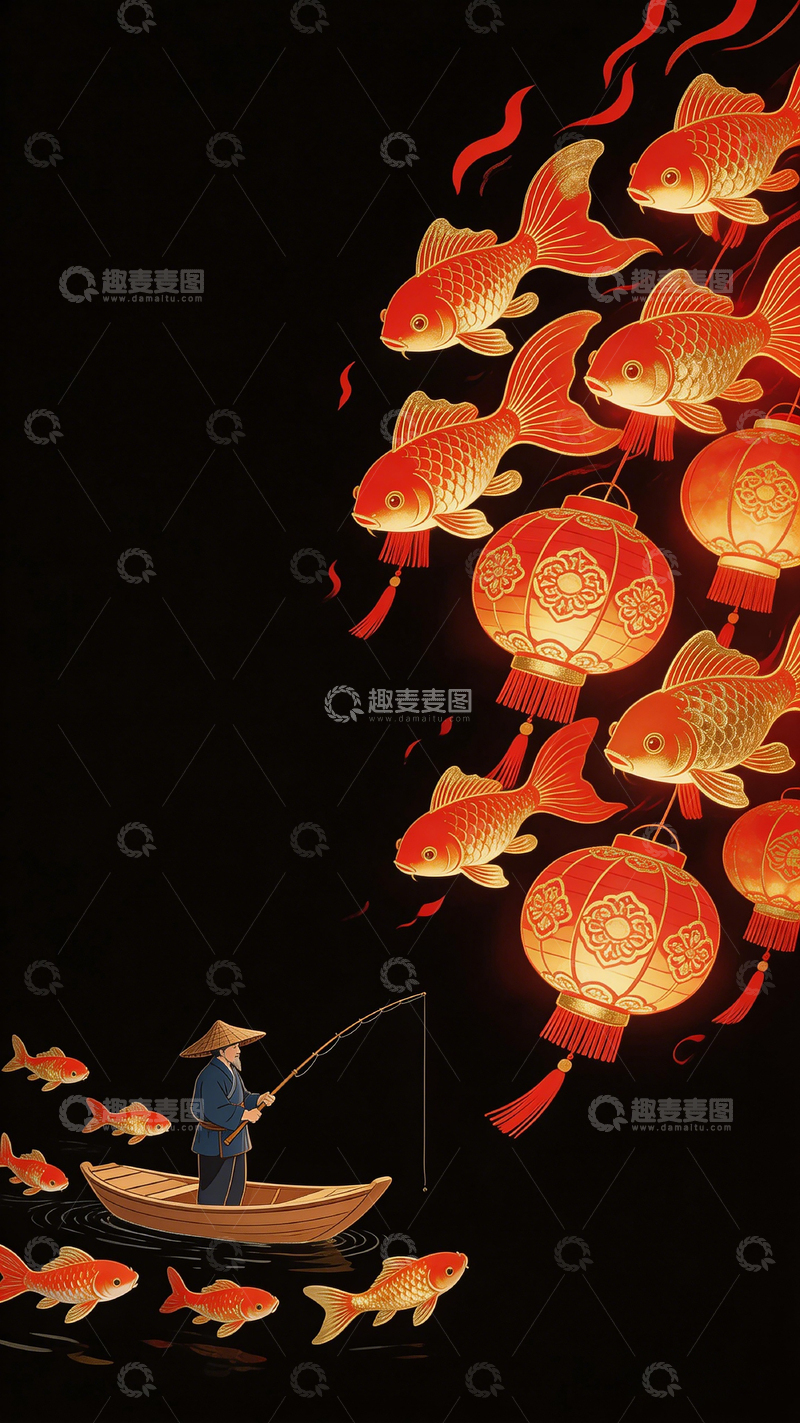 高清大图下载【趣麦麦图】东方夜鱼灯插画