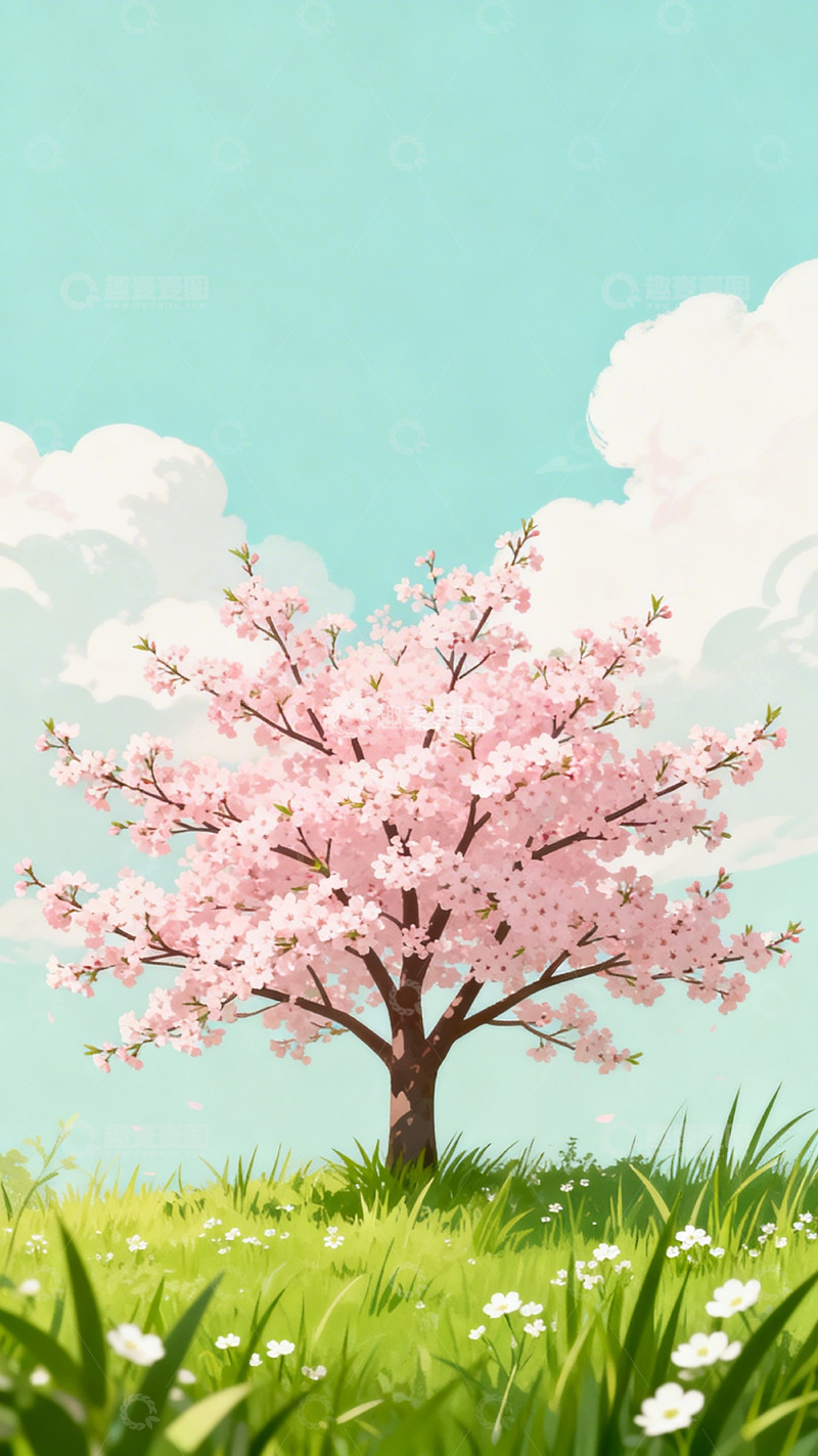 高清大图下载【趣麦麦图】春意盎然樱花树插画