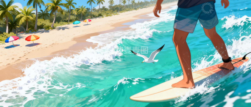 高清大图下载【趣麦麦图】海滩冲浪风光插画