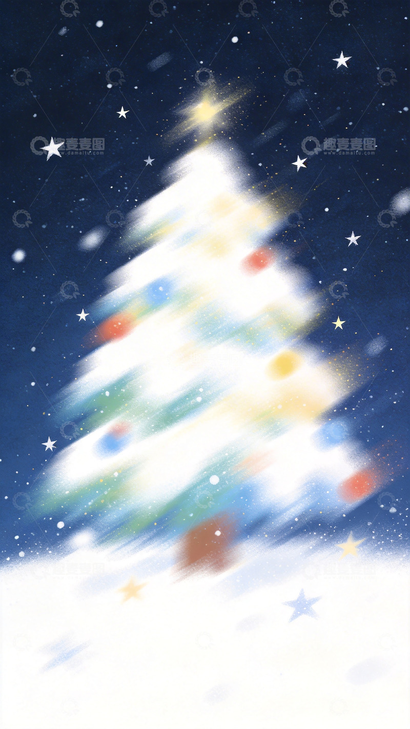 高清大图下载【趣麦麦图】梦幻圣诞树夜空插画