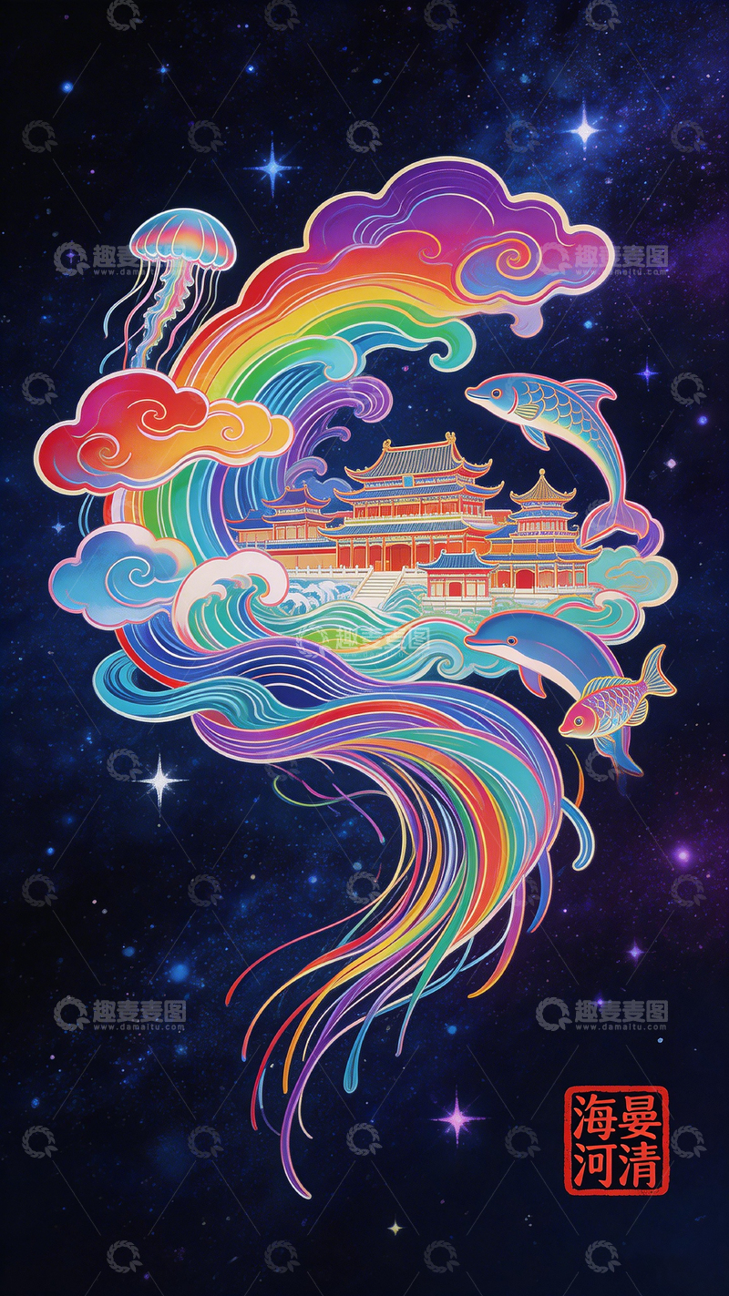 高清大图下载【趣麦麦图】彩虹云中东方古建筑插画