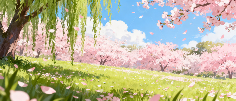 高清大图下载【趣麦麦图】春日樱花盛开风景插画