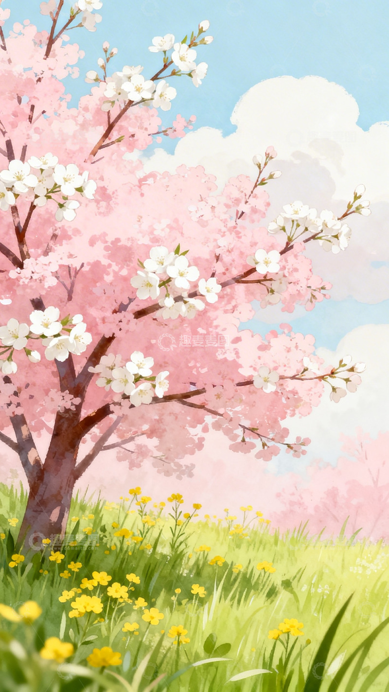 高清大图下载【趣麦麦图】樱花盛开春日风光插画