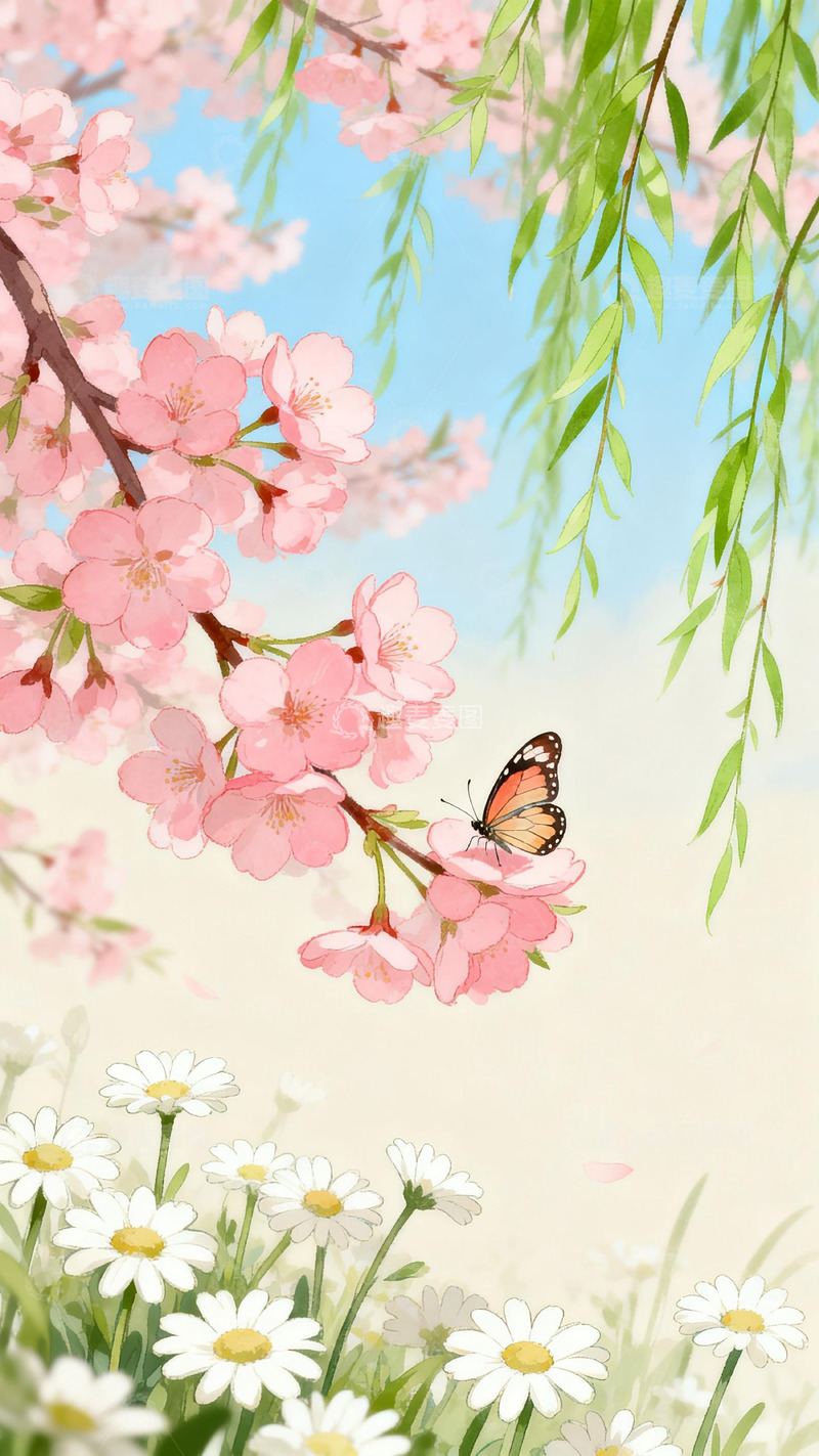 高清大图下载【趣麦麦图】春日樱花蝴蝶风景插画
