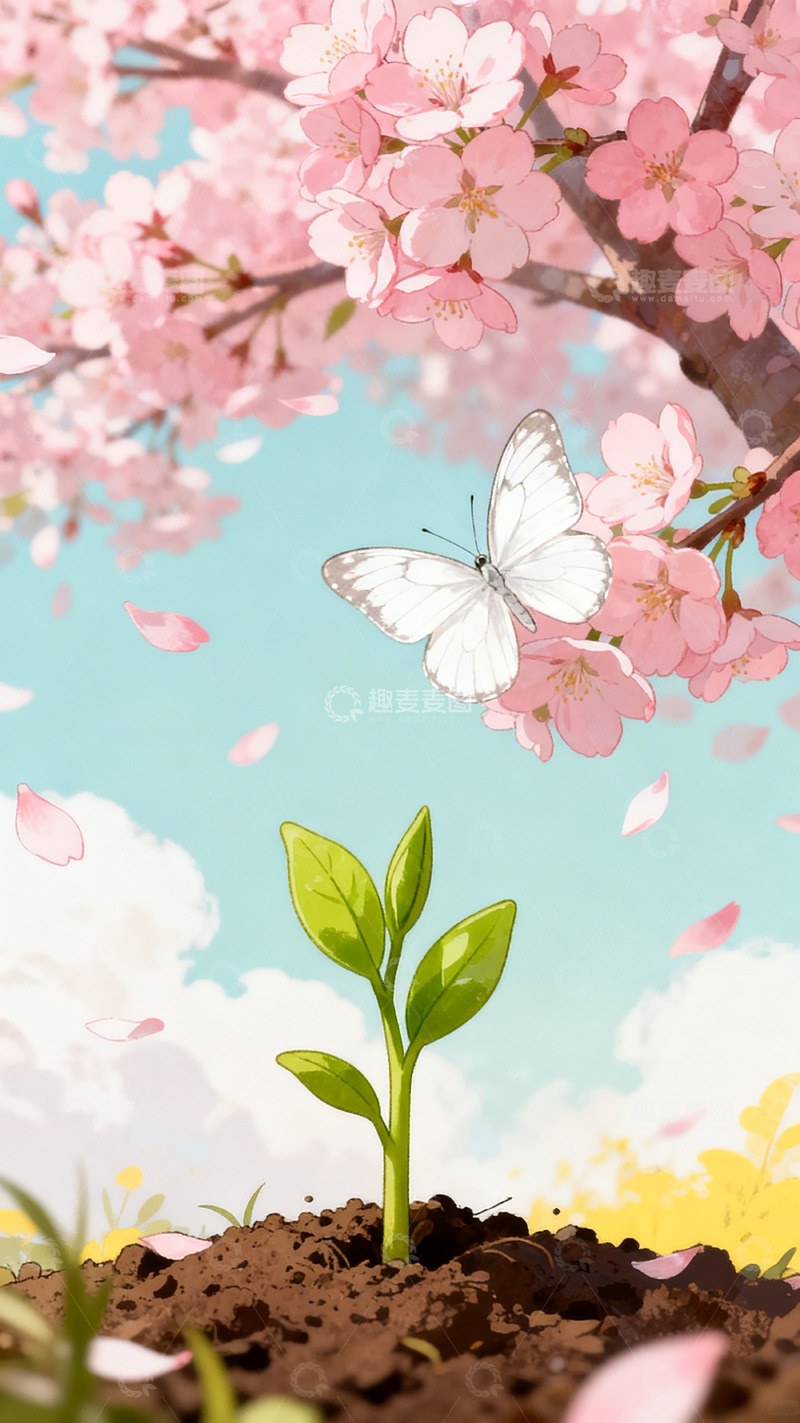 高清大图下载【趣麦麦图】春日樱花蝴蝶绘画素材