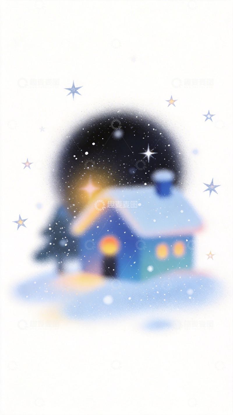 高清大图下载【趣麦麦图】冬日雪景小屋插画素材