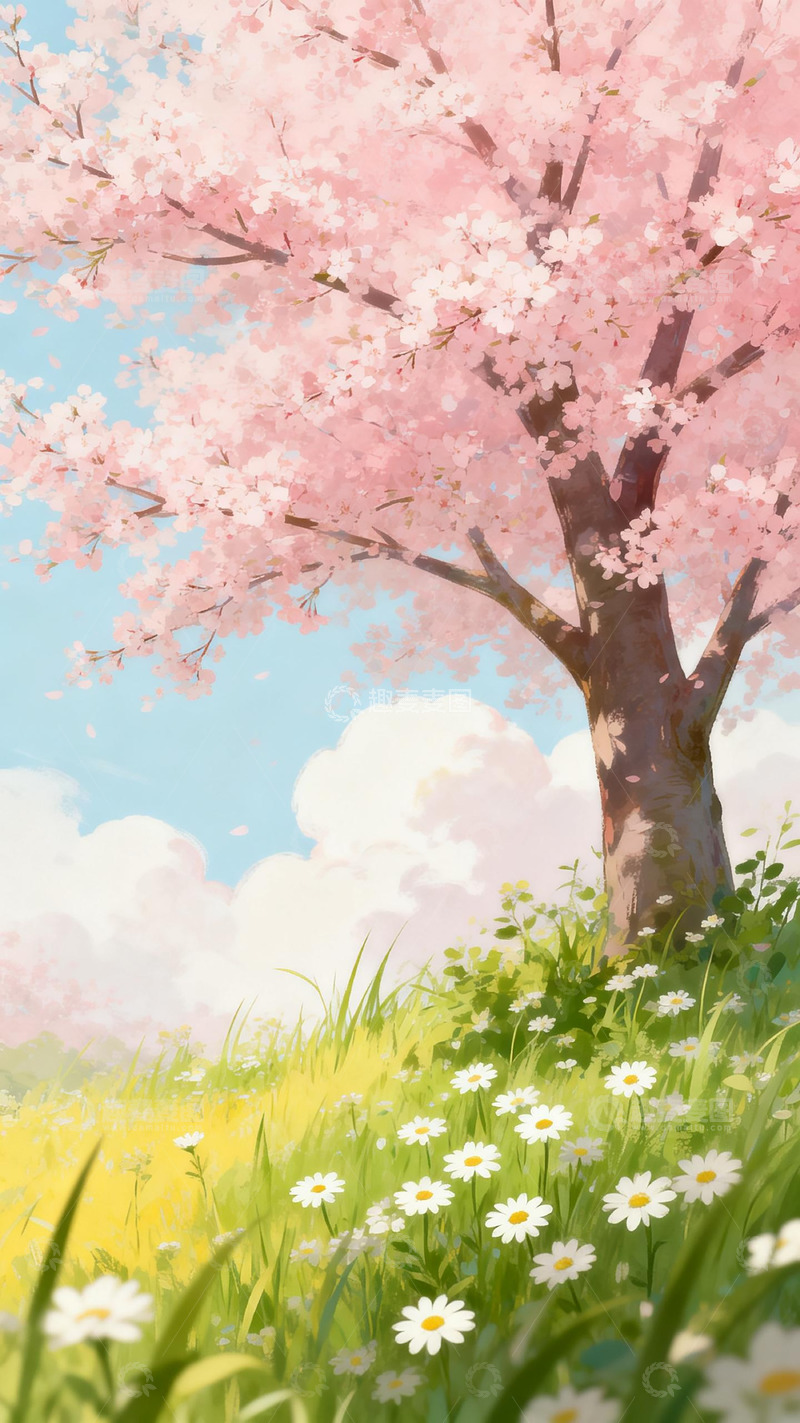 高清大图下载【趣麦麦图】樱花盛开春日风景插画