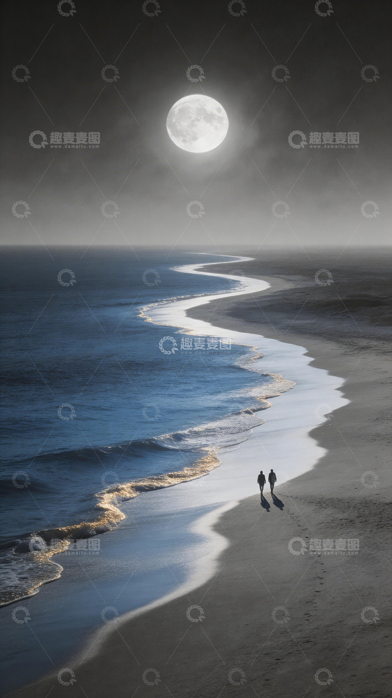 高清大图下载【趣麦麦图】月光海滩漫步摄影图片