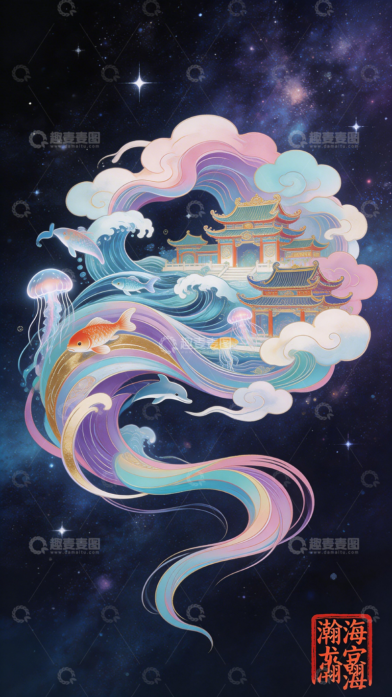 高清大图下载【趣麦麦图】梦幻山海古风艺术插画