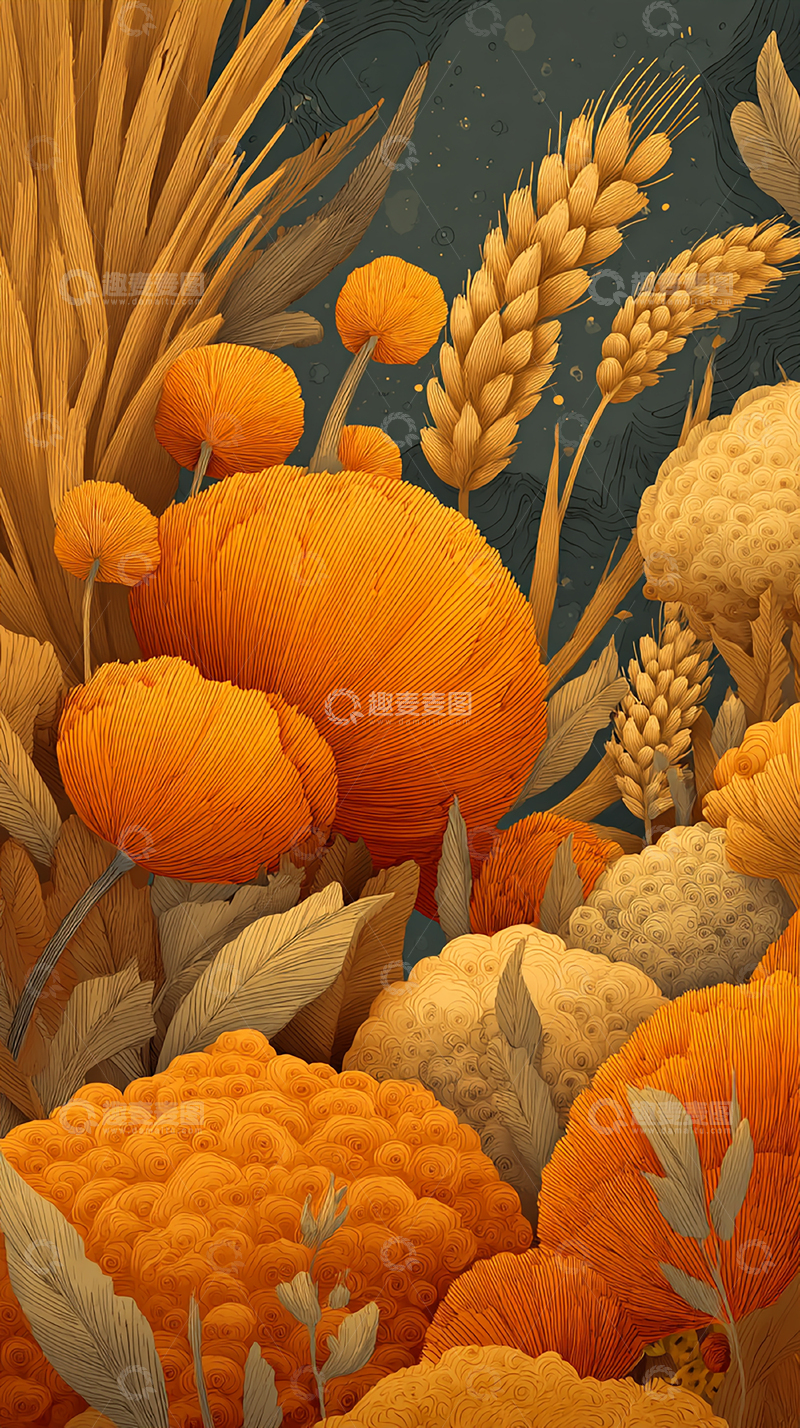 高清大图下载【趣麦麦图】金秋丰收的麦穗与蘑菇