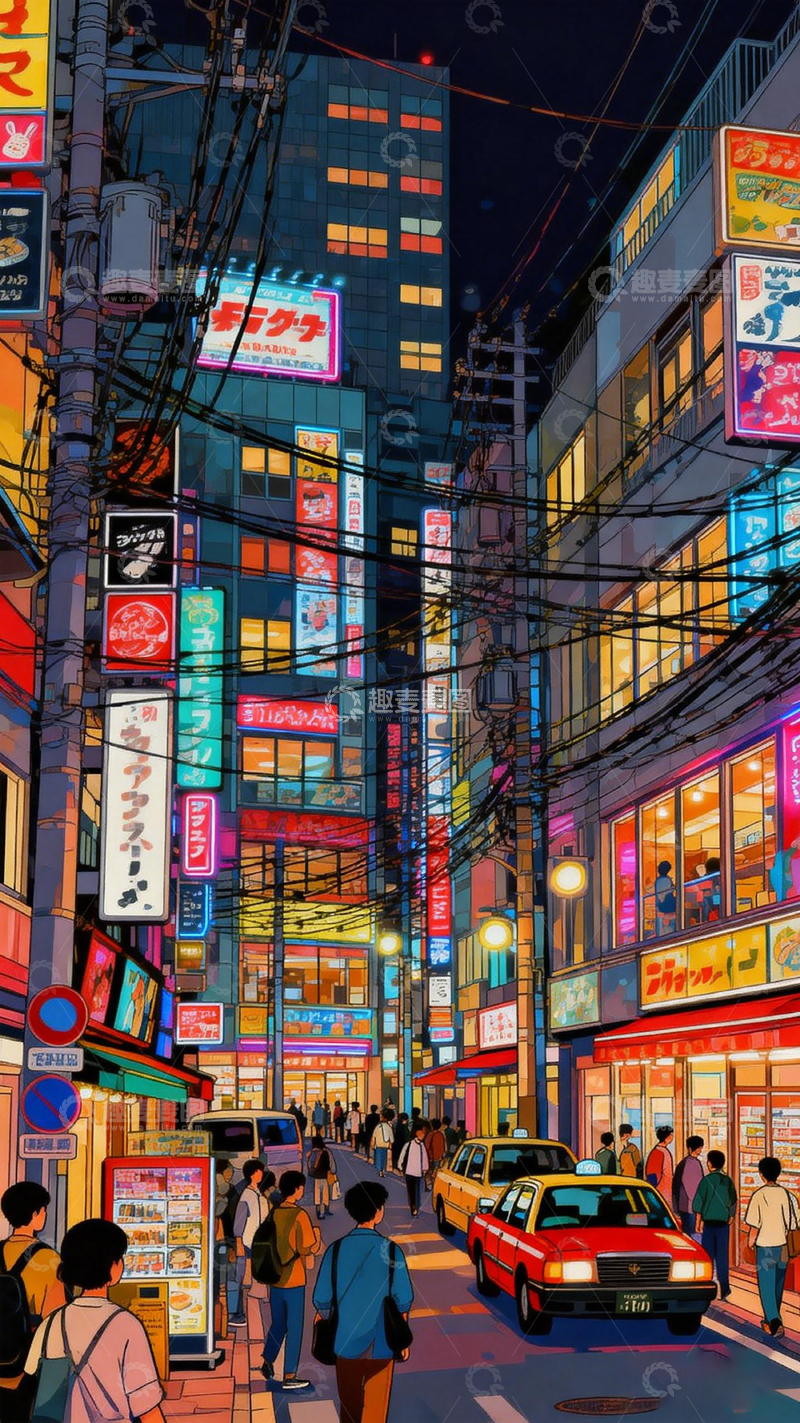 高清大图下载【趣麦麦图】-都市霓虹街景插画